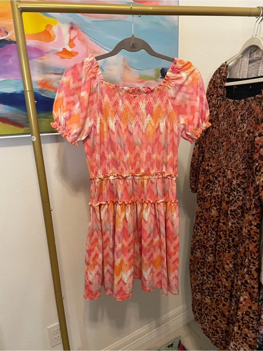 BCBG Y2K Girls' Pink &‎ Orange Tie-Dye Smocked Puff-Sleeve Dress Large 14/16